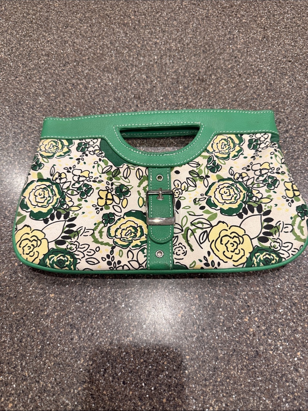 New York & Company Green and Yellow Floral Canvas Clutch